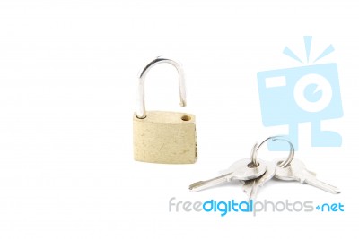 Golden Open Padlock With Keys On White Stock Photo