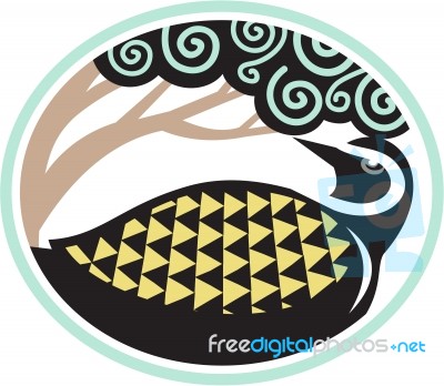 Golden Plover Looking Up Tree Oval Tribal Art Stock Image