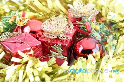 Golden Ribbon And Red Gift Box Stock Photo