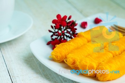 Golden Threads, Thai Traditional Dessert Stock Photo