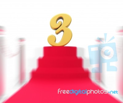 Golden Three On Red Carpet Displays Shiny Stage Or Anniversary P… Stock Image