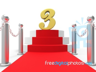 Golden Three On Red Carpet Means Shiny Stage Or Anniversary Part… Stock Image