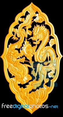 Golden Wood Dragon Carving Isolated On Black Background,with Cli… Stock Photo