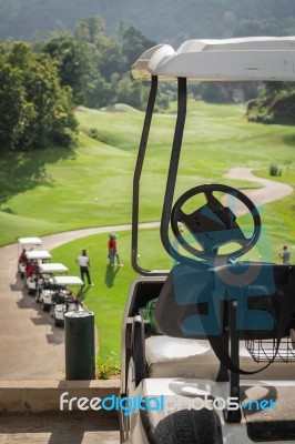 Golf Club Cars At Golf Field Stock Photo