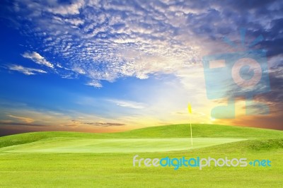 Golf Course With Beautiful Sky Stock Photo