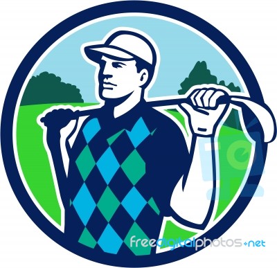 Golfer Golf Club Shoulders Circle Retro Stock Image