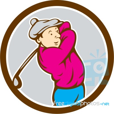 Golfer Swinging Club Circle Cartoon Stock Image