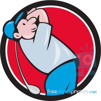 Golfer Swinging Club Circle Cartoon Stock Image