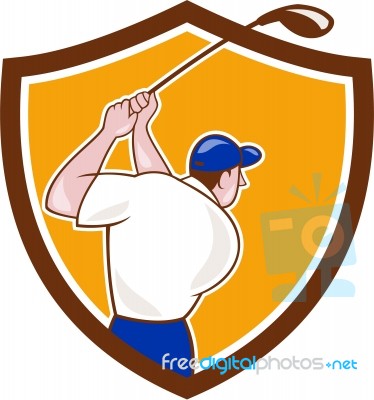 Golfer Swinging Club Crest Cartoon Stock Image