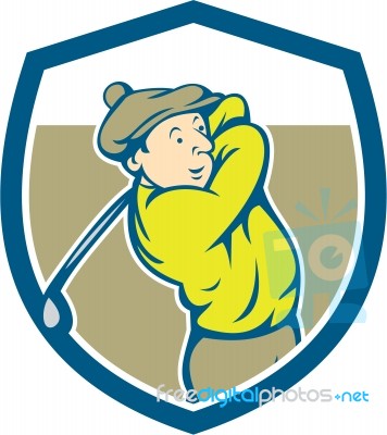 Golfer Swinging Club Shield Cartoon Stock Image