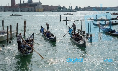 Gondolas Entering The Grand Canal Venice Stock Photo