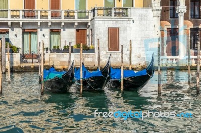 Gondolas Moored In Venice Stock Photo