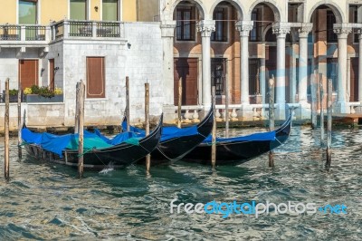 Gondolas Moored In Venice Stock Photo