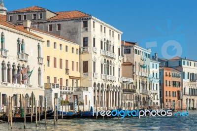 Gondolas Moored In Venice Stock Photo