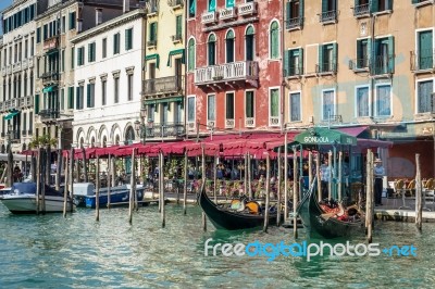 Gondolas Moored In Venice Stock Photo