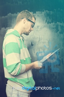 Good Looking Smart Nerd Man With Tablet Computer Stock Photo