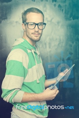 Good Looking Smart Nerd Man With Tablet Computer Stock Photo