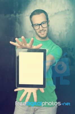 Good Looking Smart Nerd Man With Tablet Computer Stock Photo