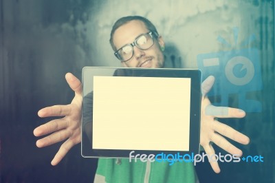 Good Looking Smart Nerd Man With Tablet Computer Stock Photo