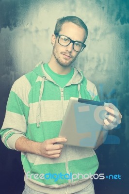 Good Looking Smart Nerd Man With Tablet Computer Stock Photo