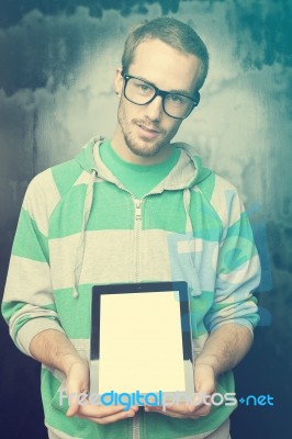 Good Looking Smart Nerd Man With Tablet Computer Stock Photo