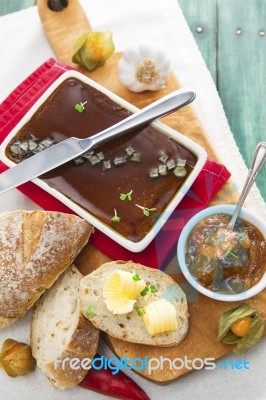 Goose Liver And Sauternes Pate With Peppers, Tomatoes, Sliced Br… Stock Photo