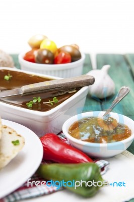 Goose Liver And Sauternes Pate With Peppers, Tomatoes, Sliced Br… Stock Photo