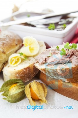 Goose Liver And Sauternes Pate With Physalis, Sliced Bread And B… Stock Photo