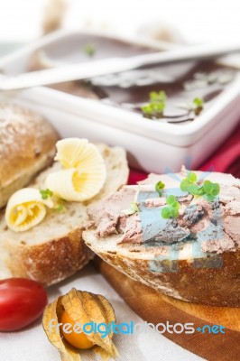 Goose Liver And Sauternes Pate With Physalis, Sliced Bread And B… Stock Photo