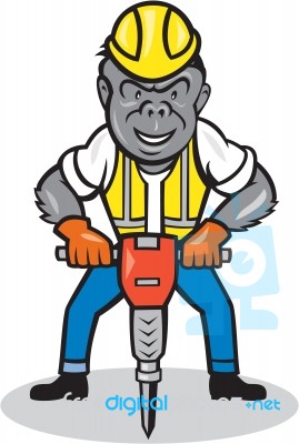 Gorilla Construction Jackhammer Cartoon Stock Image