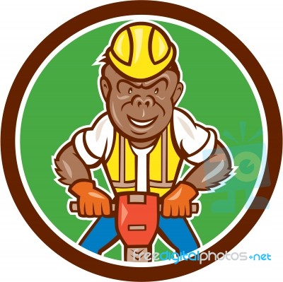 Gorilla Construction Jackhammer Circle Cartoon Stock Image