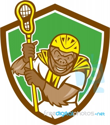 Gorilla Lacrosse Player Shield Cartoon Stock Image