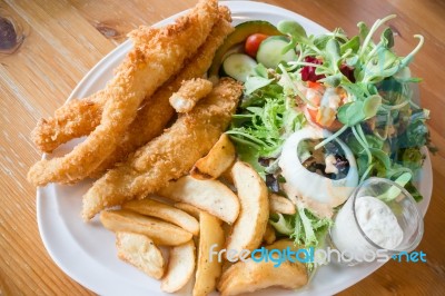 Gourmet Fish And Chips With Salad Stock Photo