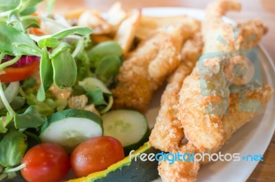 Gourmet Fish And Chips With Salad Stock Photo