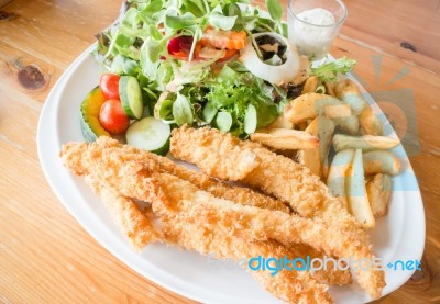 Gourmet Fish And Chips With Salad Stock Photo