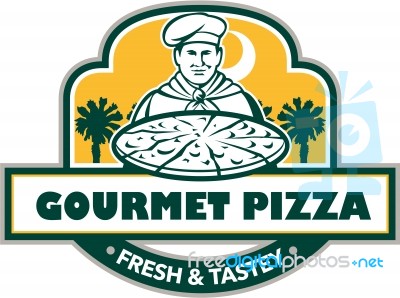 Gourmet Pizza Chef Palmetto Trees Shield Retro Stock Image