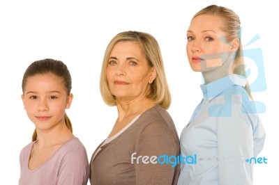 Granddaughter Grandmother Young Mother Standing On White Backgro… Stock Photo