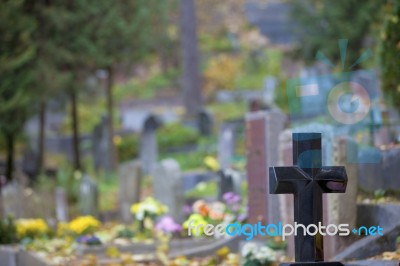 Granite Cross On Christian Cemetery Stock Photo