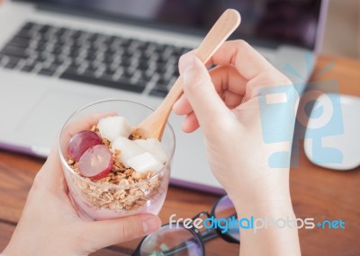 Granola With Fruits On Work Station Stock Photo