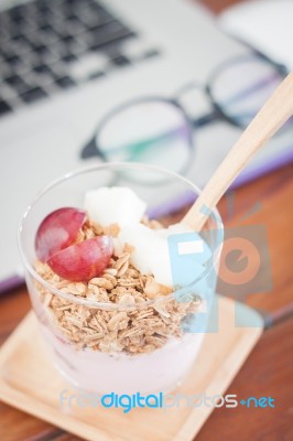 Granola With Fruits On Work Station Stock Photo