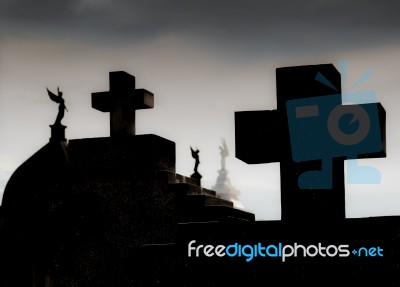 Gravestones And Crosses In The Christian Cemetery Stock Photo