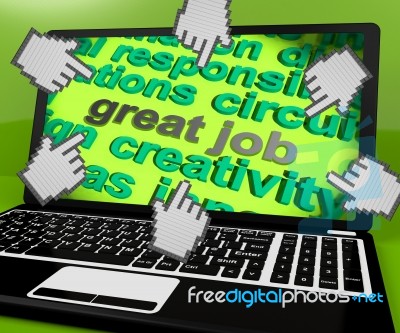 Great Job Laptop Screen Shows Awesome Work And Positive Feedback… Stock Image