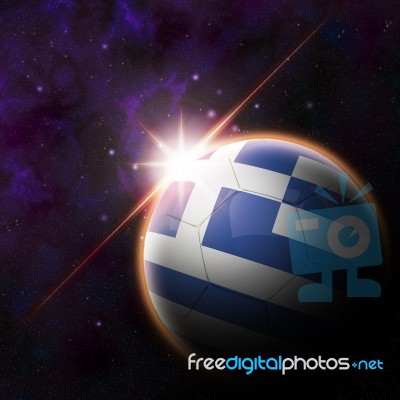 Greece Flag On 3d Football With Rising Sun Stock Image