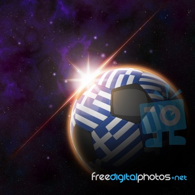 Greece Flag On 3d Football With Rising Sun Stock Image