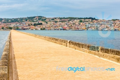 Greek City Port Argostoli With Road On Bridge Stock Photo