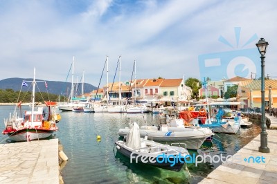 Greek Harbor With Sailing Boats In Fiskardo Stock Photo