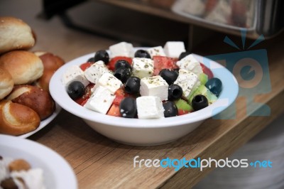 Greek Salad With Tomatoes, Black Olives, Onion Stock Photo