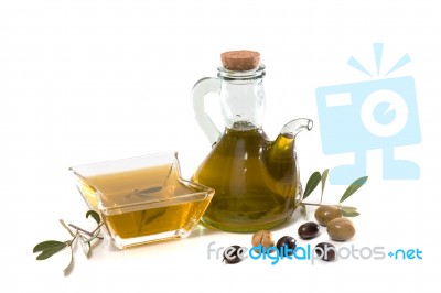 Green And Black Olives With Olive Oil Bottle Stock Photo