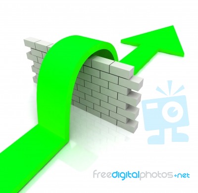 Green Arrow Over Wall Means Overcome Obstacles Stock Image