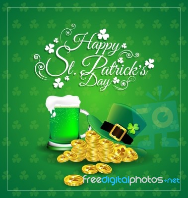 Green Beer With Hat On Gold Coin For  St. Patrick's Day Stock Image